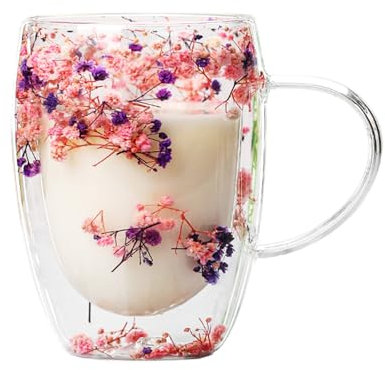 Genikeer Taza De Vidrio Transparente, Taza De Vidrio De Doble Pared con Flores Secas 350ml, Taza De Café Doble Cristal, Vasos Térmicos De De Doble Pared para Cafe Té Capuchino Jugo Espresso Latte
