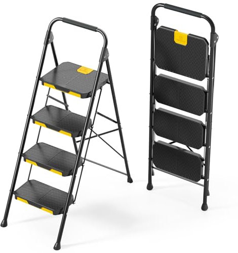 KINGRACK Leiter 4 Stufen, trittleiter 4 Stufen klappbar, mit rutschfestem, breitem Pedal und Handläufen, leichte Haushaltsleiter für Ihre Küche, Speisekammer, Schränke, Büro (Schwarz)