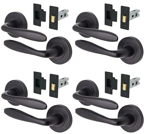 EAI Black Door Handle Latch Set - Pack of 4 | Round Internal Door Handles & Latch (64mm) | Matt Black Lever on Rose