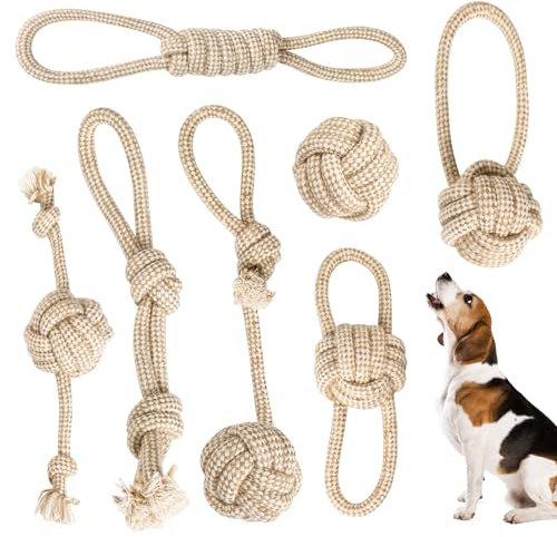 MEYAGOT 7 Pièces Lot de Jouet pour Chien Corde Et Balle Indestructible, À Mâcher Naturel Moelleux Sûr Interactif pour Chiot Petits Moyens Gros