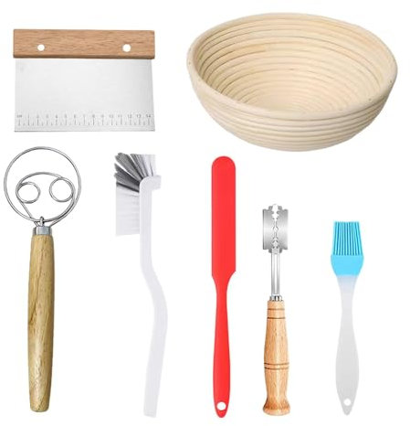 TocaFeank Juego de horneado para fermentación de pan | Kit para hacer pan con masas madre fácil de hacer, 7 piezas | Suministros esenciales para hornear pan casero | Kit básico de cesta Banneton