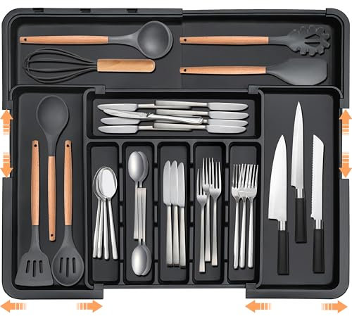 Spaclear Silverware Organizer Expandable Kitchen Utensil Drawer Organizer Large BPA Free Adjustable Cutlery Silverware Tray for Spoons Forks Knives Storage Divider for Kitchen Flatware 6-9 Slots Black