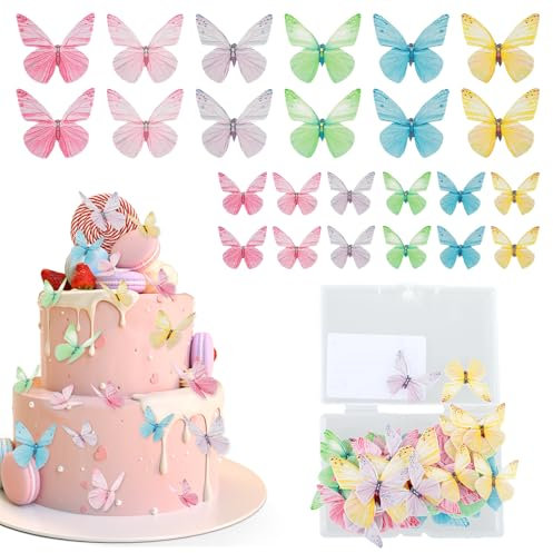 Tyqour 72 Stück Essbare Tortendeko Schmetterling Muffin Deko Essbar Rosa Schmetterlinge Tortendeko Essbar, Essbare Schmetterlinge für Torte Zum Hochzeit Geburtstag Taufe