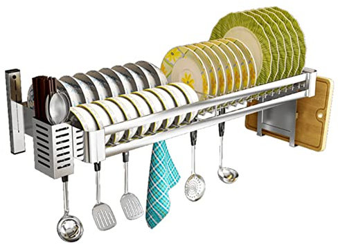 Abtropfgestell aus Edelstahl für die Spüle, Abtropfgitter mit Haken für Utensilienhalter, Wandmontage, Küchen-Organizer für Schüsseln, Teller und Besteck