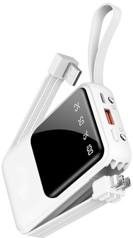 Powerbank 10000mAh Schnelles Aufladen Tragbares Ladegerät mit Integrierten Kabeln Kleiner USB-C-Akkupack für iPhone 16 15 14 13 Android Google Pixel usw (White)