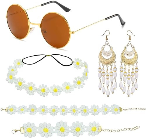 FZSECRIU hippie accessoires damen，flower power kleidung damen，hippie kleidung damen，hippie schmuck,hippie kostüm damen,70er jahre accessoires (weiß)