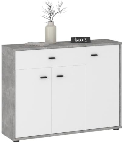 IDIMEX Kommode Vika Betonoptik/weiß - schmale Flurkommode mit Schublade und 3 Türen, ideal für schmale Räume Kommode mit Stauraum Schwarze Griffe