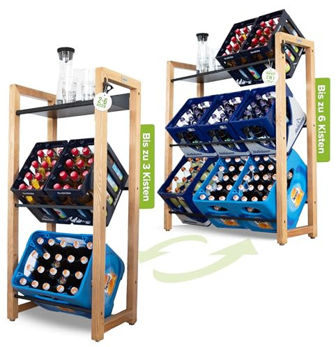 bevo - Getränkekistenregal für 2-6 Kisten aus Eiche Holz inkl. Metall-Ablage - Getränkeregal & Kistenregal mit 2 Stangenlängen (individuell verstellbar) - Getränkekisten Regal für Getränke & Kästen