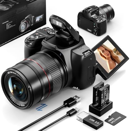NBD Cámara Digital 4K 64MP: Zoom Óptico 12X + Digital 30X, Pantalla Giratoria 3 270°, WiFi/HDMI (Tarjeta 32GB + 2 Baterías) – Kit Youtuber con Estuche(Negro)
