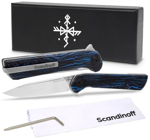 Scandinoff Klappmesser Slim - Einhandmesser - 80mm Klinge - Leicht Taschenmesser - Klingenform „Modern SEAX“ - Sandvik 14C28N Stahl - EDC Messer für Outdoor, Camping | Pocketor Slim Nordic Sky