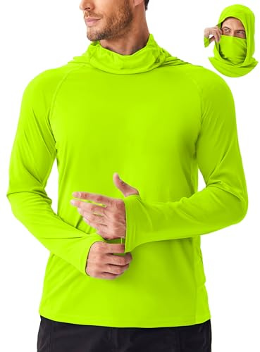 Men's Sun Hoodie Shirt with Mask UPF 50+ Fishing Shirts for Men UV Protection Shirts Long Sleeve Rash Guard Hiking Clothes L Lemon Green