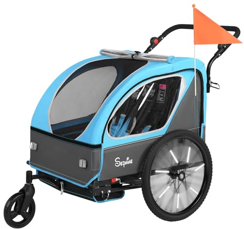 Sepnine Kids Bike Trailer, 2 in1 Canopy Carrier Converts to Pushcart Suitable for 1 to 2 Toddlers, Kids, Quick Attach to Bike, Foldable, with 5-Point Harness and Storage Bags