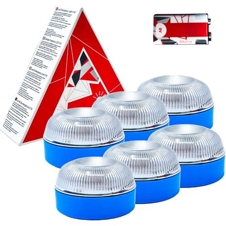 MAGIC SELECT 6X Luz Emergencia V16 para Señalización en Carretera de Coche y Moto. Luz Amarilla Intermitente, Base Imantada y Pila 9V 6LR61 Incluida.