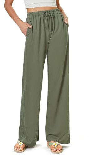 Glacspyg Damen Hosen Flowy Wide Leg Freizeithose Casual Beach Strandhose High Waisted Kordelzug Palazzo Hosen mit Taschen