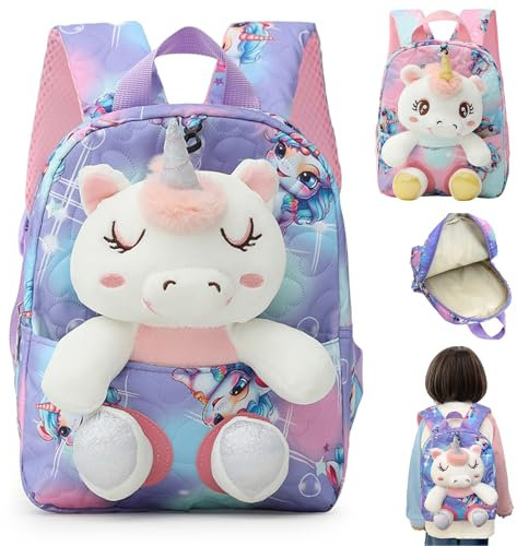 Cyiecw 2 in 1 Kinderrucksack mit Kuscheltier 25cm, Plüschspielzeug Einhorn Rucksack Mädchen, Kindergartenrucksack mit Verstellbare Gurte, für Hort Kindergarten Kinder 2 3 4 5 Jahren (Lila)