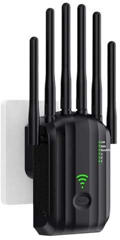 Ripetitore WiFi, Amplificatore di Segnale WiFi, 6 Antenne, 2 Porte LAN, Wifi Extender, Router/Ripetitore/AP Modalità, Copertura Completa a 360°, Copertura Fino a 300 m², per Casa e Ufficio (Nero)