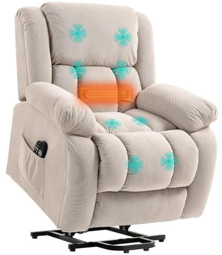 HOMCOM Elektrischer Lift-Sessel mit Wärme und Massage Beige | Elektrischer Relax-Sessel, verstellbare Rückenlehne, breiter Sitz, USB-Anschlüsse, Fernbedienung, Fußstütze, Seitentasche