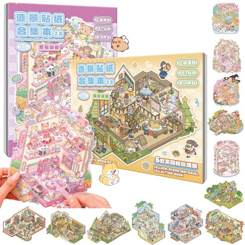 ANBOOR 12 Sätze große DIY 3D Sticker-Szenen, 2 Stickerbücher mit niedlichen Kawaii-Tieren und Party-3D-Szenenstickern, gestalte Deine eigenen DIY-Miniaturhausszenen zur Stresslinderung