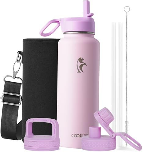 Botella de agua Coolflask de 40 onzas aislada con popote, de acero inoxidable, 3 tapas, para deportes u oficina, mantiene el frío 48 horas, caliente 24 horas, rosa