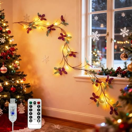 Huracan Lichterkette Schmetterling, Farbiger Weidenranken lichterketten, 1,6M 36LED, Warmweiß, Deko für Innen und Außen, für Garten Balkon Valentinstag Hochzeit Party Weihnachten