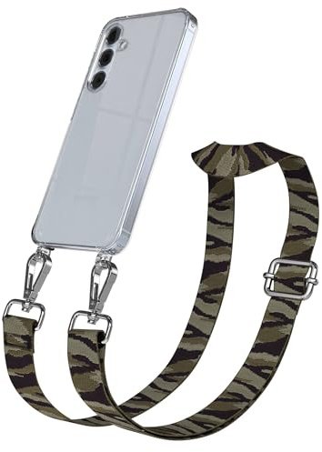 EAZY CASE Handykette - Verstellbares Taschenband kompatibel mit Galaxy A55, Schulterriemen, Handykordel mit Silikon Hülle, Umhängetasche, Grün Camouflage Silber
