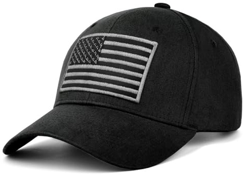 Generisch Baseball Cap US Flagge Schwarz – 100% Baumwolle – Taktische Basecap mit gestickter USA Fahne in Silber-Grau – Verstellbare Mütze mit Metallschnalle für Herren & Damen (Black)