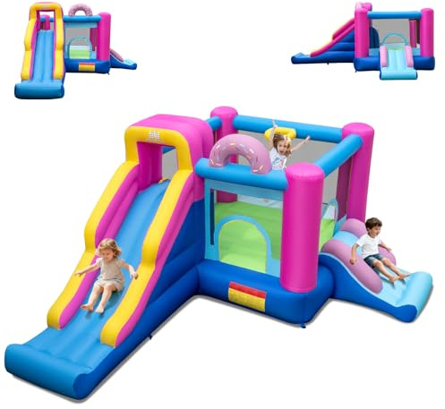 COSTWAY Château Gonflable sur Thème Donut avec 2 Toboggans et Maison de Saut, Aire de Jeux Gonflable avec Mur d'escalade et Panier de Basket, Intérieur Extérieur jusqu'à 2 Enfants de 3-12 Ans