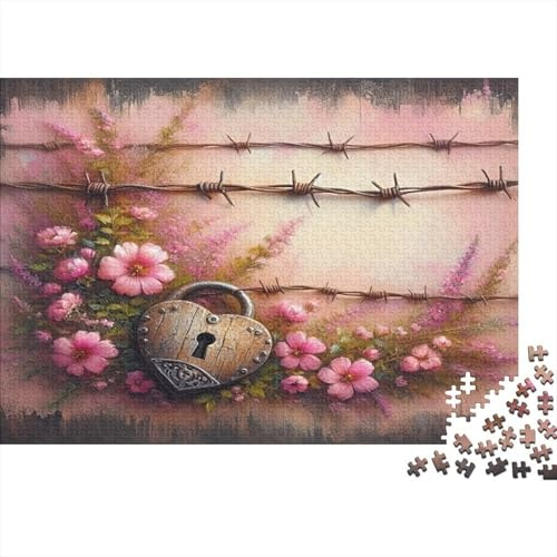 Heart Shaped Padlock 1000 Teile Puzzle für Erwachsene Pink Flowers Familienspiel Papier Freizeit Geschenk 70x50cm/1000pcs