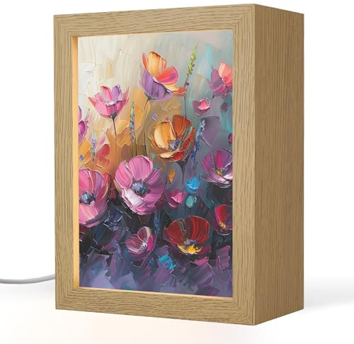 OnlyWow© LED Tischlampen Dimmbare Tischleuchte Mit Kabel Schlafzimmer | 15x20 cm - Wohnzimmer Warmweiß Modern Tisch Lampen Nachttisch Blumen - Lila - Farbenfroh - Handbemalt - Kunst