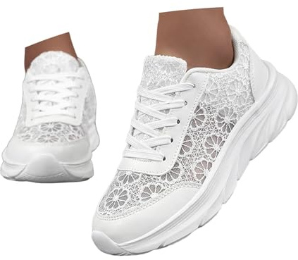 Generisch Costume Shoes Mesh Breathable Tennis Shoes Women's Flat White Wedding Shoes Bridal Fabric Shoes Sport Lace Dirndl Costume Trainers Summer Shoes Trainers, White, 7 UK