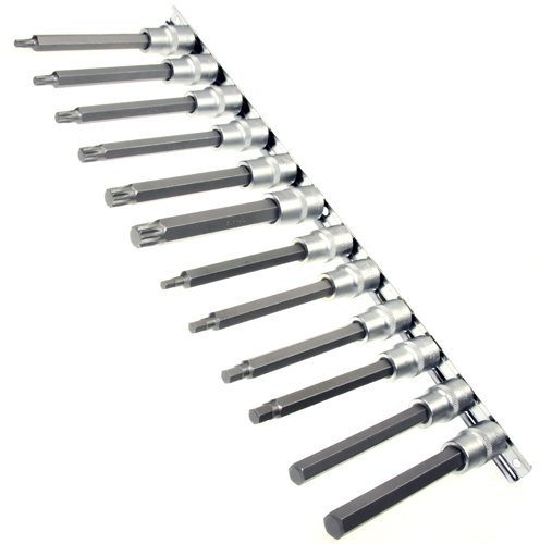 ALKAN 12-tlg. lange Bit-Einsätze (140 mm) – Innensechskant 5–12 mm & Vielzahn M5–M14 – 1/2-Antrieb, S2-Bit & Chrom-Vanadium-Aufnahme, auf Steckschiene – für Kfz, Werkstatt & Reparatur