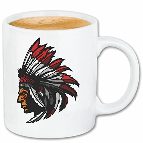Reifen-Markt Kaffeetasse INDIANER MIT KOPFSCHMUCK UND FEDERN INDIANER HÄUPTLING Indianer WESTERN INDIANS Keramik 330 ml in Weiß