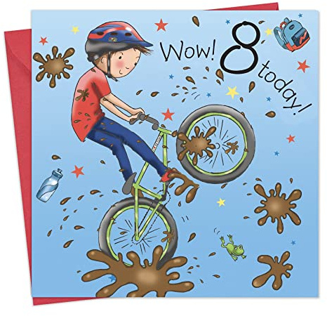 Geburtstagskarte von Twizler, zum 8. Geburtstag, Motiv: Junge mit Fahrrad.