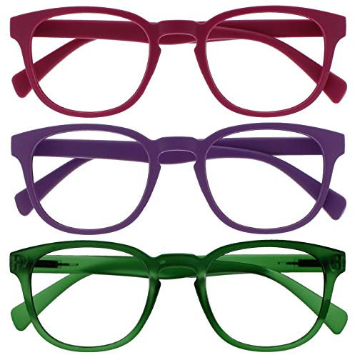OPULIZE Pop Lesebrille 3er Pack Keck Rund Matt Rahmen Federscharniere Kratzfest Rosa Lila Grün Herren Damen RRR2-456 +2.00
