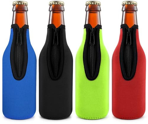 Beer Bottle Insulator Sleeve Different Color. Zip-up Bottle Jackets. Keeps Beer Cold and Hands Warm. Classic Extra Thick Neoprene with Stitched Fabric Edges, Enclosed Bottom (set of 4 color)