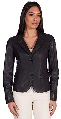 D'Arienzo Damen Italienische Lederblazer Schwarze Verschraubte Echtleder lammnappa Made in Italy FZ