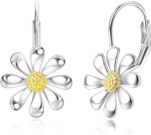 Adramata Silber 925 Blumen Ohrringe für Damen Mädchen - 18 Karat Weißgold Überzogene Himmelsblume Leverback Hänge Ohrringe Drop