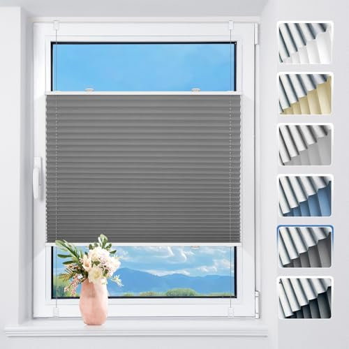 TFSKY Plissee ohne Bohren Verdunkelung Klemmfix Grau B90 x H130 cm Thermo Plissees Verdunklung 100% Blickdicht Plisseerollo für Fenster & Tür Verdunklungsplissee Sonnenschutz Sichtschutz