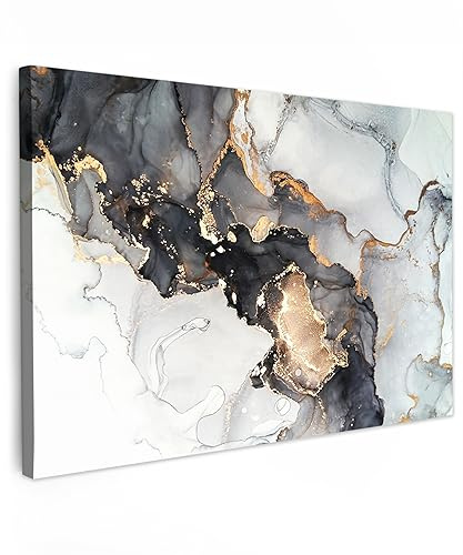 MuchoWow© Leinwand Bilder, Einzigartige Wanddeko mit Rahmen, Marmor | 150x100 cm - Schwarz - Weiß - Gold - Luxus - Abstrakt, Wandbilder Wohnzimmer, Deko Schlafzimmer