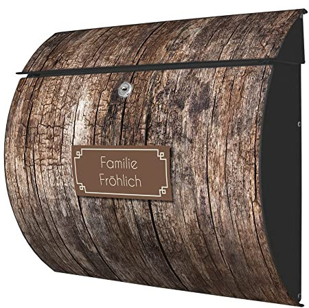 banjado® Burgwächter® Briefkasten anthrazit aus Stahl mit Motiv Altes Holz/Briefkasten mit Namen personalisierbar/Briefkasten ohne Zeitungsfach mit Kippdach & Öffnungsstopp, 2 Schlüssel