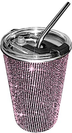 MoreChioce Bling Bling Kaffeebecher, 20 Unzen Edelstahl Trinkbecher Isolierte Kaffeetasse Edelstahl-Reisebecher Auslaufsicherer Wasserbecher mit Strohhalm Gerader Becher Schlankheitsbecher,Rosa