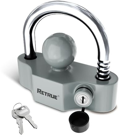 RETRUE Anhängerschloss Anhängerkugelsperrkupplung Diebstahlschutz Anhänger-Sicherung Abschleppsperre mit 2 Schlüssel, Wohnwagen Schutz, Hochleistungs-Stahl, Abdeckkappe, Grau