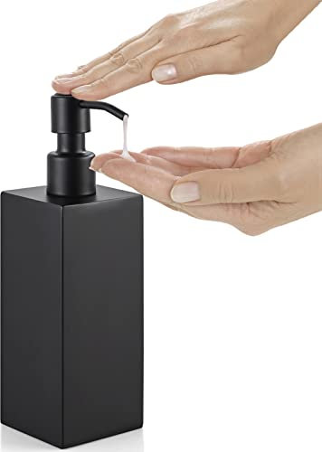 HANFU Dispenser Sapone, 350ml Dosatore Sapone Liquido in Acciaio Inox Riempibile, Autoportante Distributore di Sapone Facile da Premere per Bagno e Cucina, Erogatore Sapone 6x6x20.5cm, Quadrato Nero