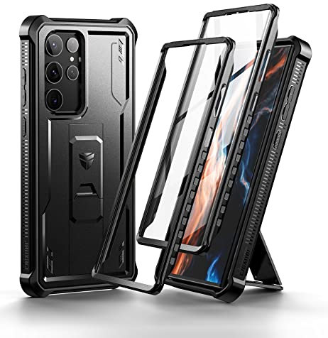 Dexnor Kompatibel mit Hülle Samsung Galaxy S22 Ultra【Doppelter Frontrahmen & Ständer】, Stoßdämpfer Technologie Fallschutz Robuste Handyhülle Stoßfeste Schutzhülle - schwarz