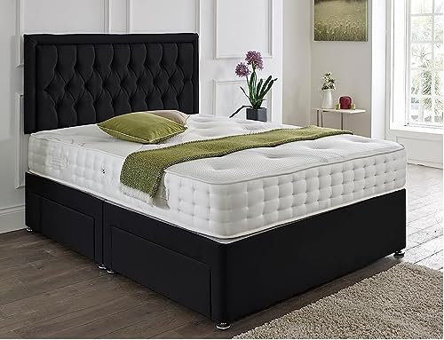 SANA SLEEP Designer Damask Memory Foam Divan Bed Set With Mattress, 2 Drawers (Same Side) and Headboard 4FT Small Double - Damask Black
