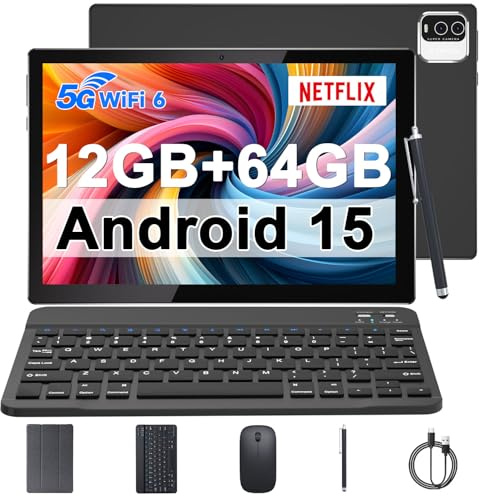 IWEGGO Android 15 Tablet, 10 Inch 12GB RAM+64GB ROM Tablets with Keyboard Mouse Case Stylus, 1.8Ghz Quad-core Processor, 8MP Camera, 6000mAh Battery, 1280*800 IPS HD Touchscreen, 5G WiFi6 Tablet Black