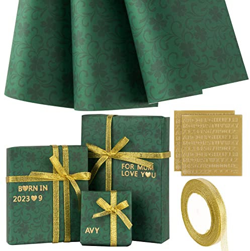 3 Stück Geschenkpapier Grün Blumen 3D Aufkleber Buchstaben Zahlen mit 22m Band Geschenkverpackung Verzierung für Hochzeit Babyparty Taufe Geburtstag gefaltet geliefert, 70 x 50cm (Grün)