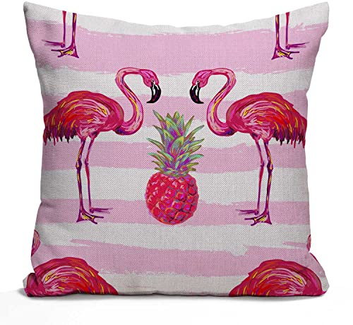 Tomda Sommer Tropisches Muster mit Flamingo und Ananas, Baumwoll-Leinen-Kissenbezug, Kissenbezug, Zuhause, Büro, dekorativ für Sofa, Wohnzimmer, quadratisch, 45 x 45 cm