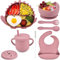 Delven Baby Geschirrset Kinderteller Set,Baby Essen Set 8 Stück Silikon mit Saugnapf Babyteller Schüssel Lätzchen Löffel Gabel Deckel,BPA Frei Rutschfest Babyteller Set für Kleinkinder Mädchen,Rosa
