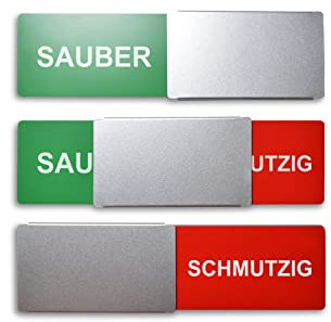 Frei/Besetzt-Schild Style: SAUBER/SCHMUTZIG 175x50mm - Design Made in Germany - Gravierte Buchstaben - Rahmenloses Schild mit Metallschieber - 2 Klebepads der renommierten Marke 3M